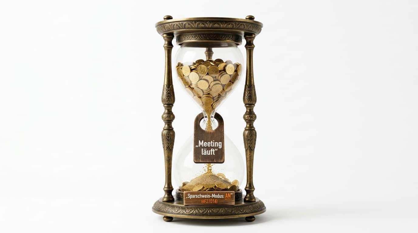 Sanduhr mit Goldmünzen statt Sand und Täfelchen „Meeting läuft“ sowie „Sparschwein-Modus: AN“