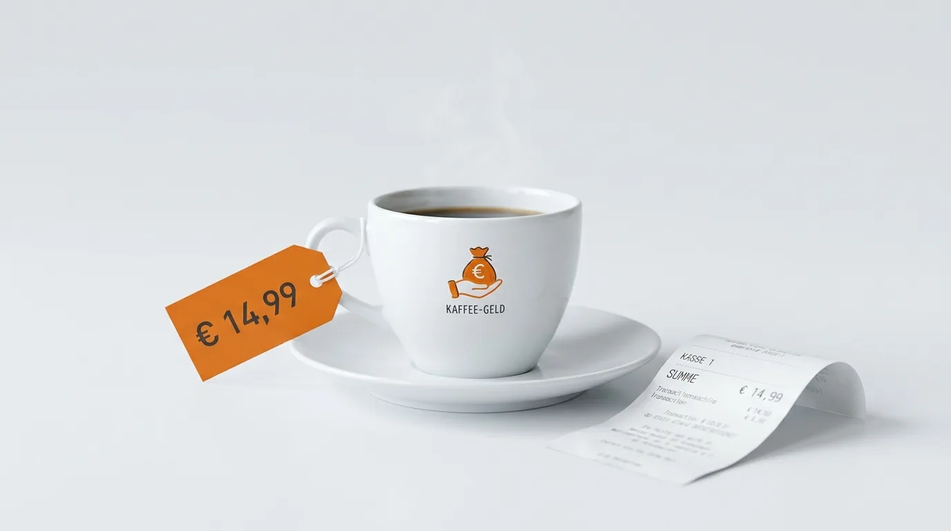 Kaffeetasse mit Preisschild, Untertasse und Beleg vor weißem Hintergrund