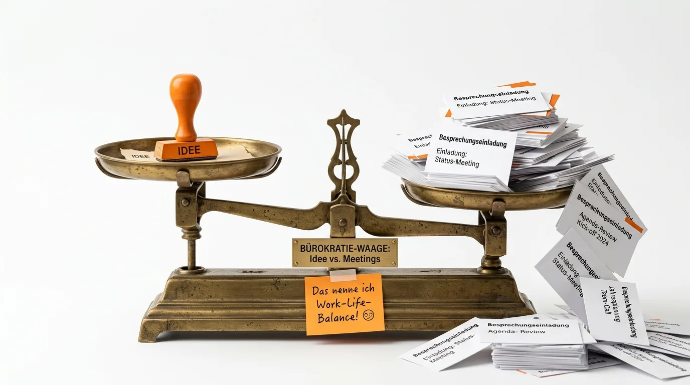 Bürokratie-Waage mit einem „Idee“-Stempel gegen viele Meetingeinladungen