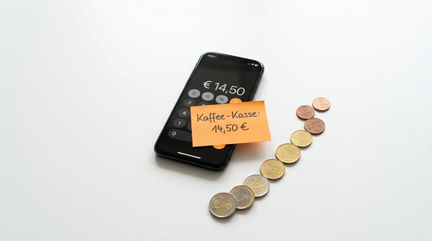 Handy mit Rechner, Haftnotiz „Kaffee-Kasse“ und Euro-Münzen auf Weiß