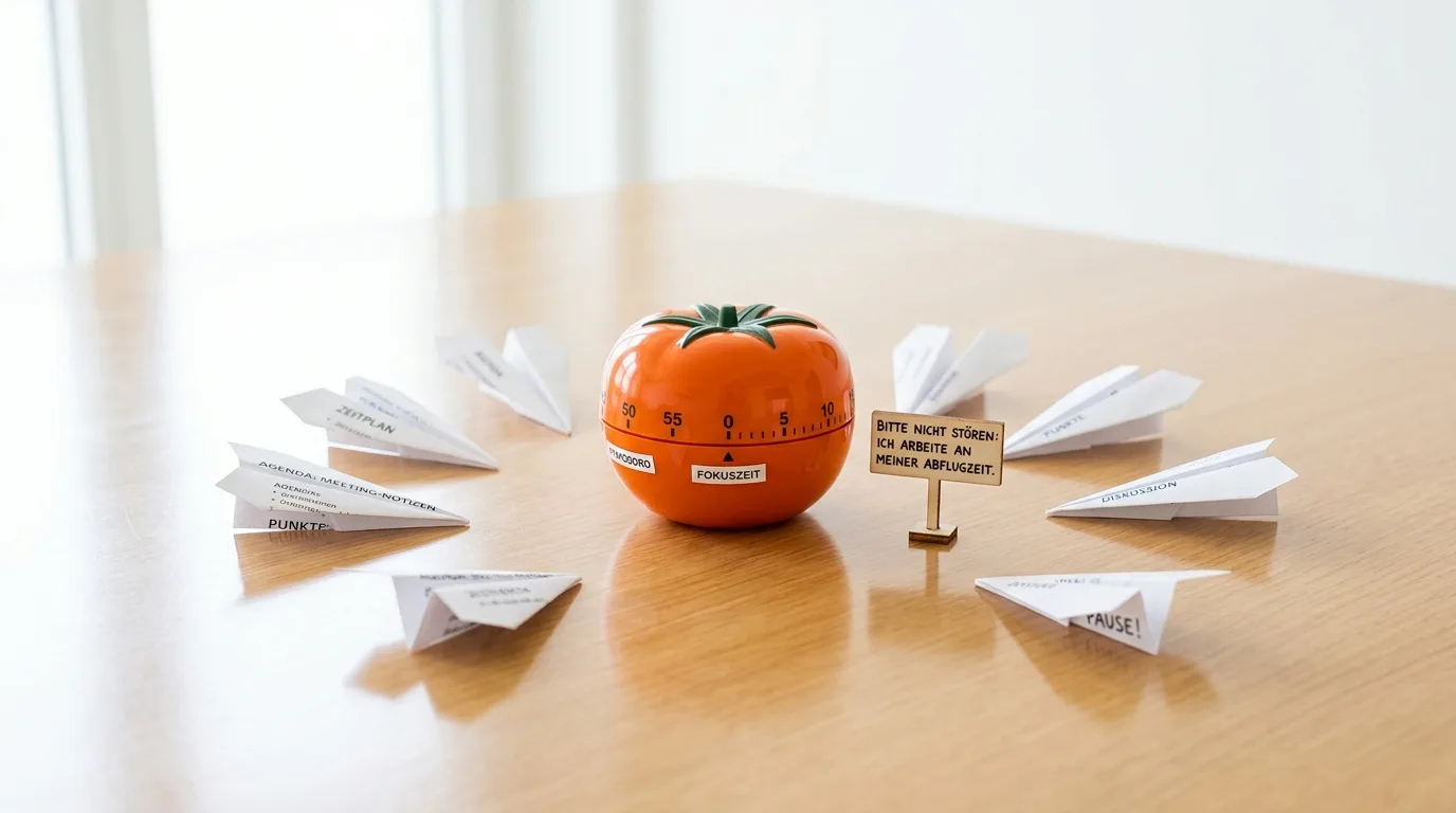 Tomaten-Timer, Schild und beschriftete Papierflieger im Kreis auf Holztisch
