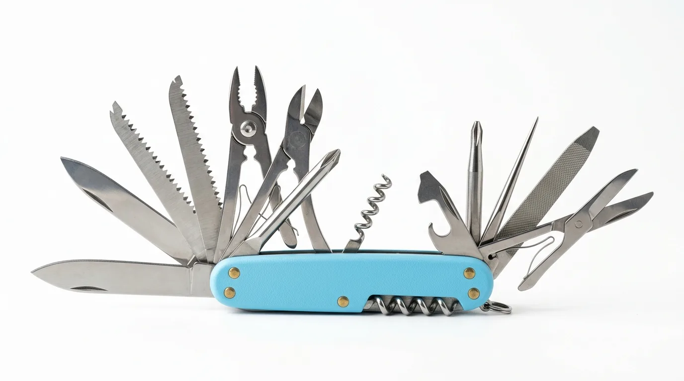 Hellblaues Taschenmesser mit vielen ausgeklappten Werkzeugen vor weißem Hintergrund