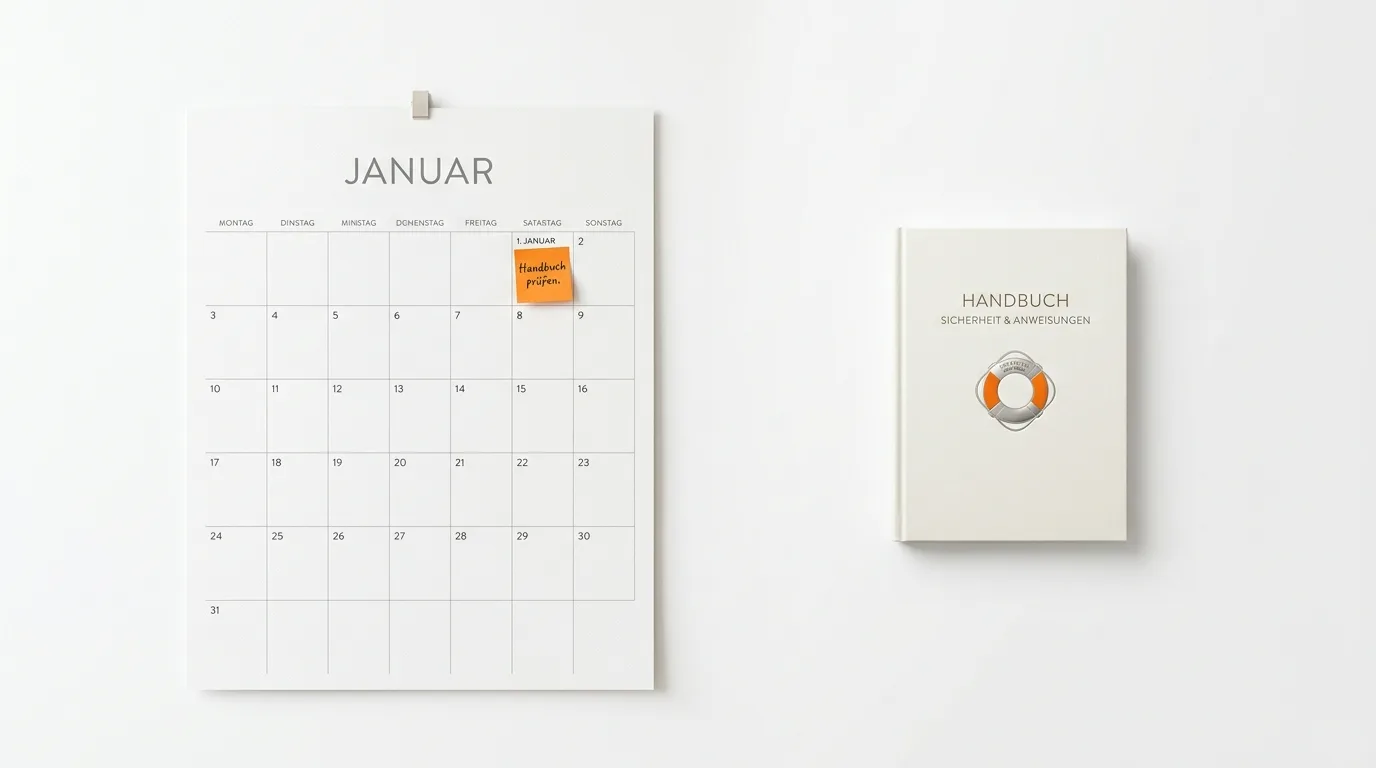 Wandkalender „JANUAR“ mit orangefarbenem Klebezettel, daneben blaues Buch mit Helm und Handschuhen