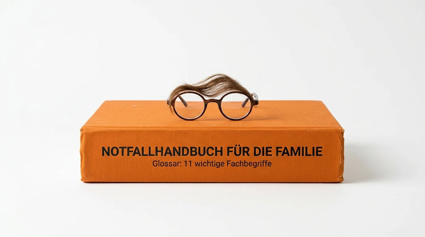 Oranger Holzwürfel mit Text über Fachbegriffe steht auf roter und blauer Miniatur-Spielfigur