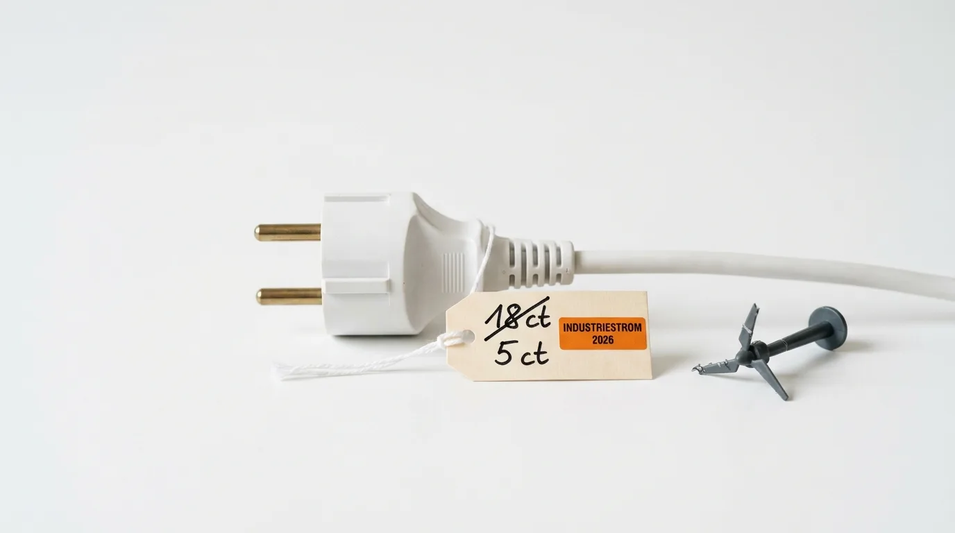Ein Stecker mit einem Etikett, auf dem „INDUSTRIESTROM 2026“ und zwei Preise stehen