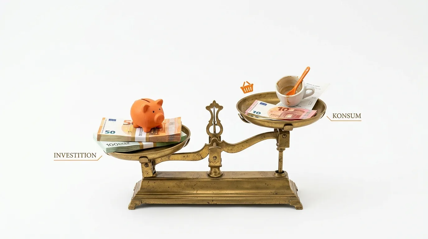 Alte Balkenwaage vergleicht Sparschwein auf Geldbündeln (Investition) mit Kaffeetasse und Scheinen