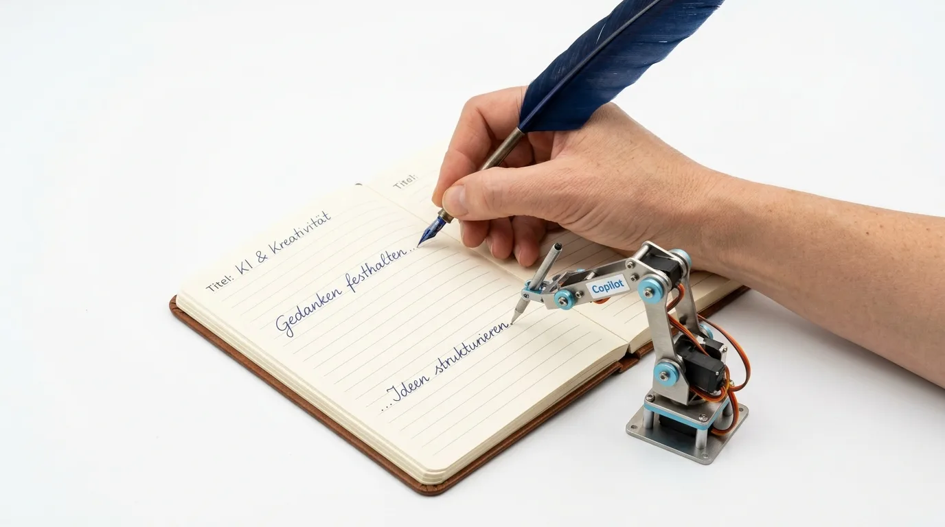 Hand mit Feder und Roboterarm schreiben gleichzeitig in ein Notizbuch