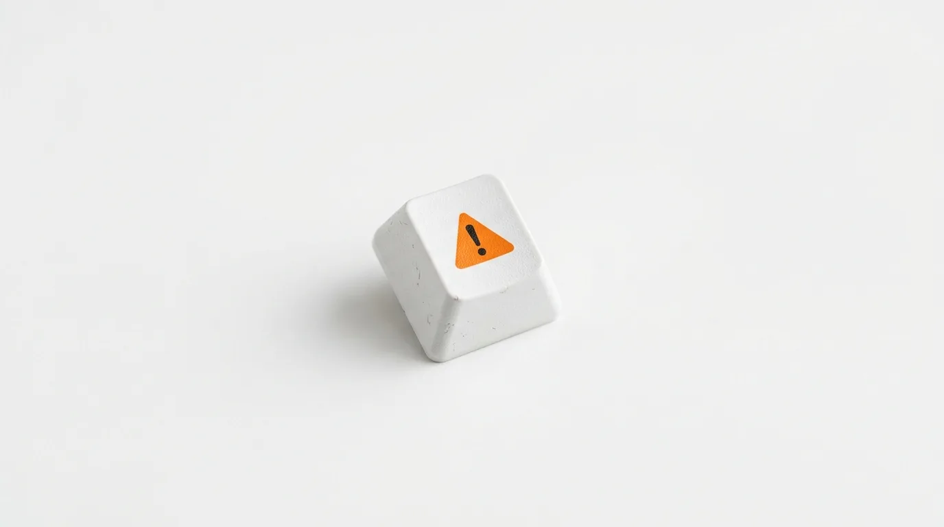 Eine einzelne weiße Tastaturtaste mit orangefarbenem Warnsymbol liegt auf weißem Grund
