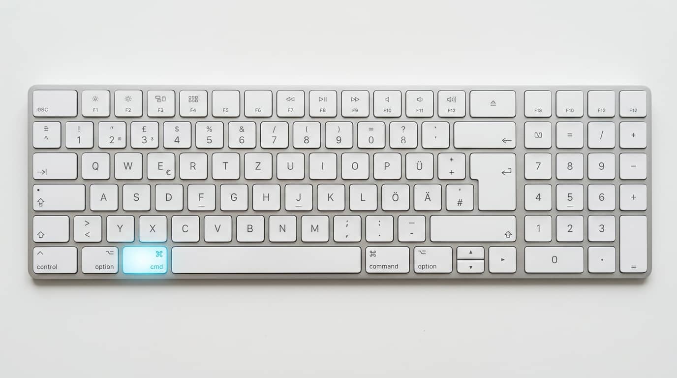 Deutsche Tastatur aus der Vogelperspektive mit hellblau leuchtender Befehlstaste unten links