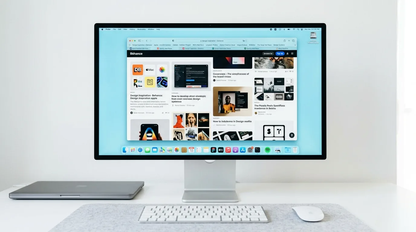 Mac Pro Display mit geöffnetem Behance-Browserfenster, Tastatur, Maus und Laptop auf Schreibtisch