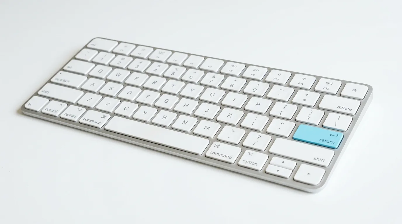 Schräge Ansicht einer Tastatur mit weißen Tasten und einer hellblauen Return-Taste auf weißem Grund