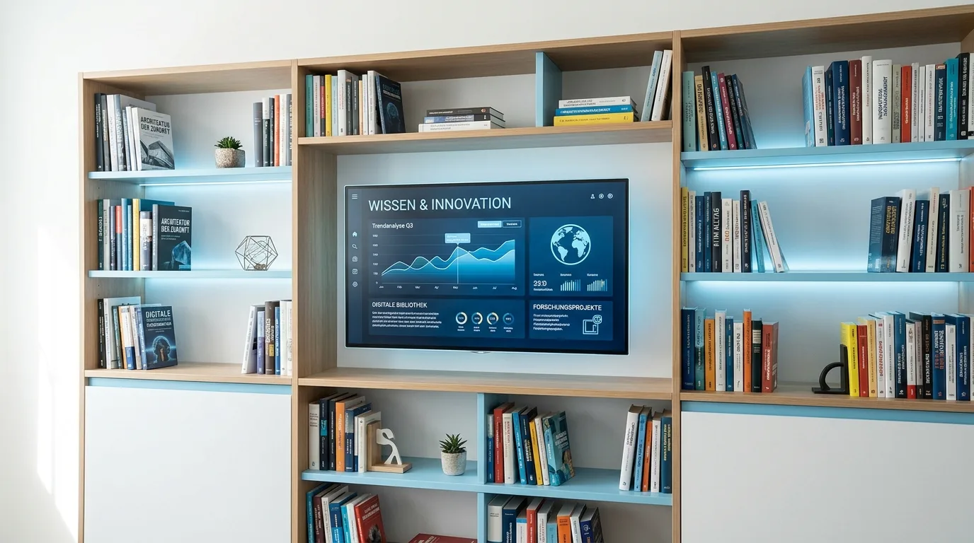Modernes Holzregal mit blauer LED-Beleuchtung und eingebautem Fernseher