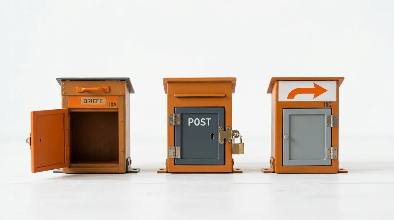 Drei orange Mini-Briefkästen nebeneinander: offen, verschlossen mit Schloss, mit Pfeilsymbol