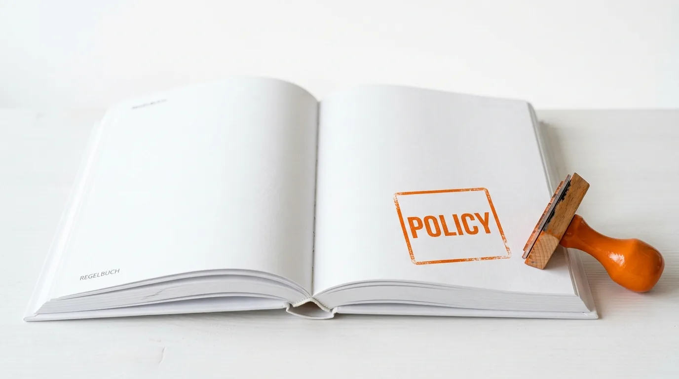Offenes Buch, beschriftet mit „REGELBUCH“, trägt orangen Stempelabdruck „POLICY“ und Holzstempel