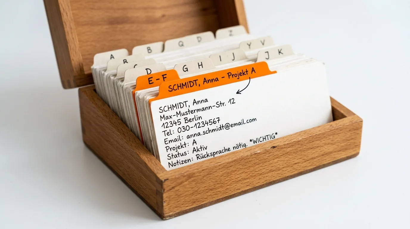 Offene Holzkartothek mit alphabetischen Registerkarten und einer orangefarbenen Trennkarte
