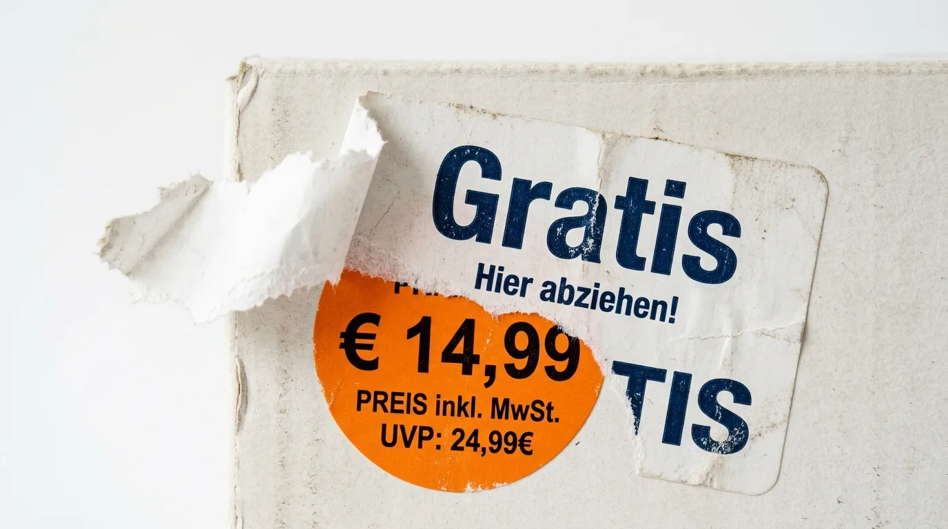 Etikett mit „Gratis Hier abziehen!“ auf Orange Preissticker 14,99 € auf weißer Schachtel