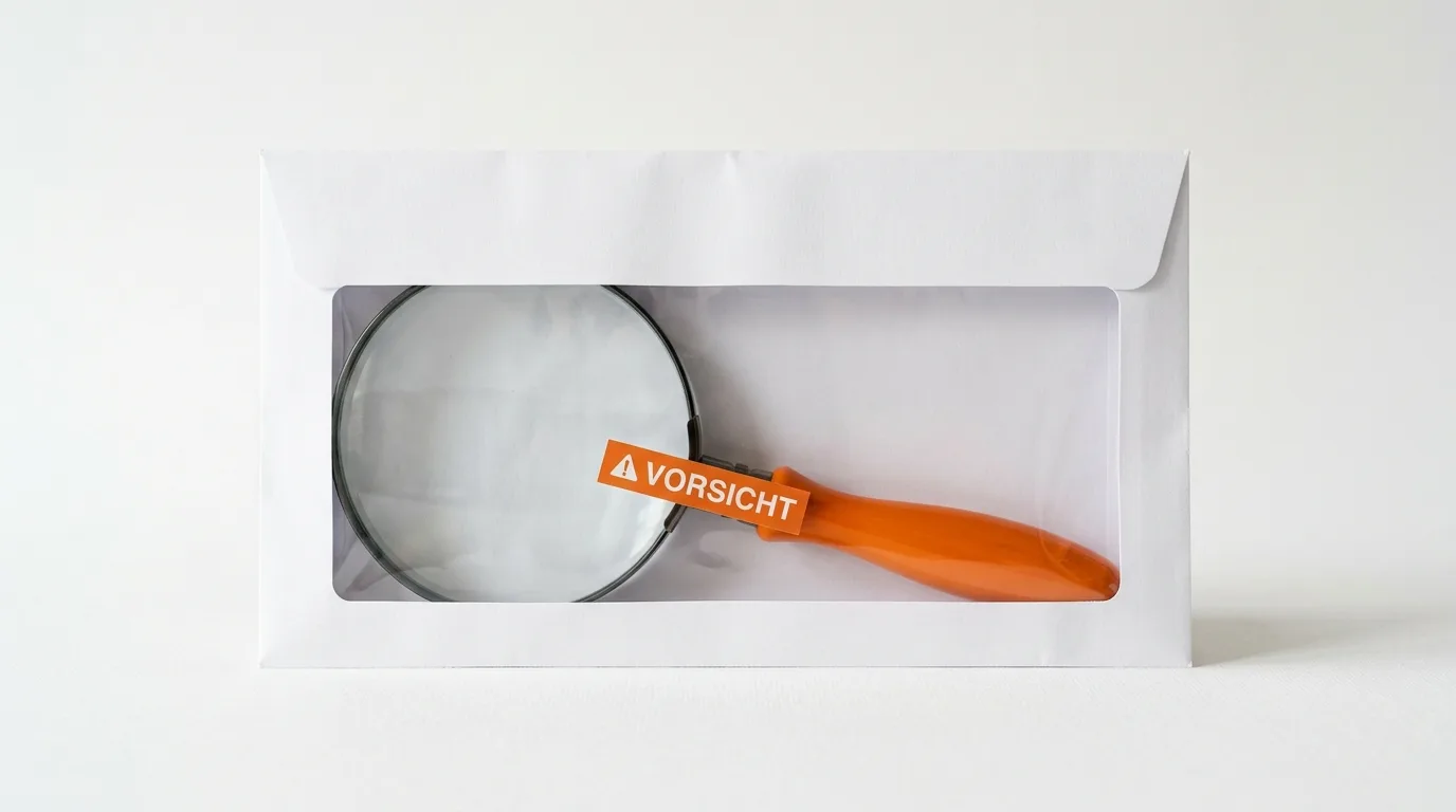 Lupe mit orangem Griff und „Vorsicht“-Schild im Fenster eines Briefumschlags