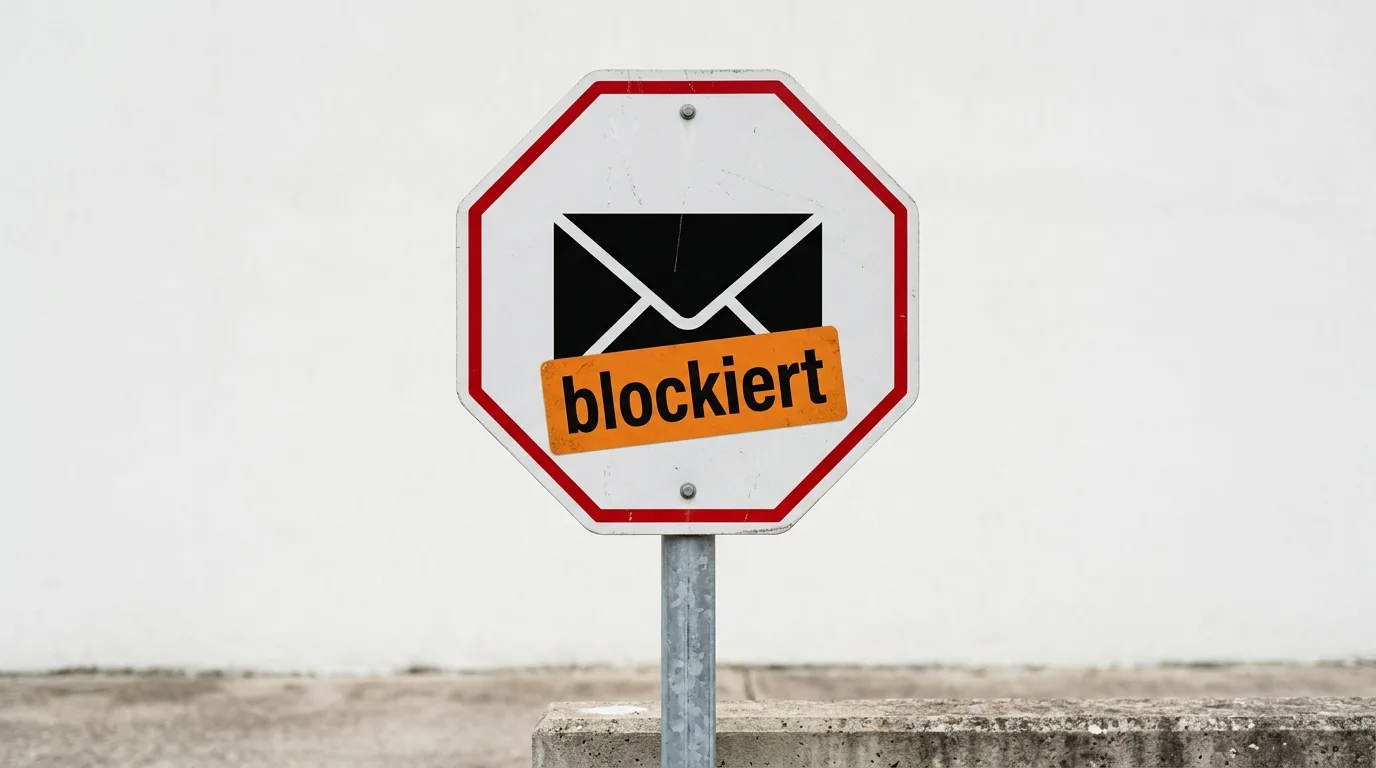 Achtteckiges Schild mit Briefumschlag-Symbol und orangefarbenem „blockiert“-Aufkleber davor