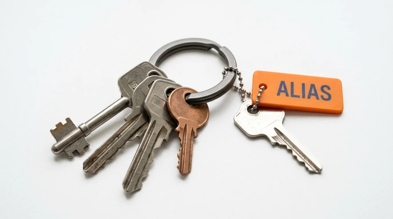 Schlüsselbund mit Metall- und Kupfer-Schlüsseln, einem orangen „ALIAS“-Anhänger auf weißem Grund