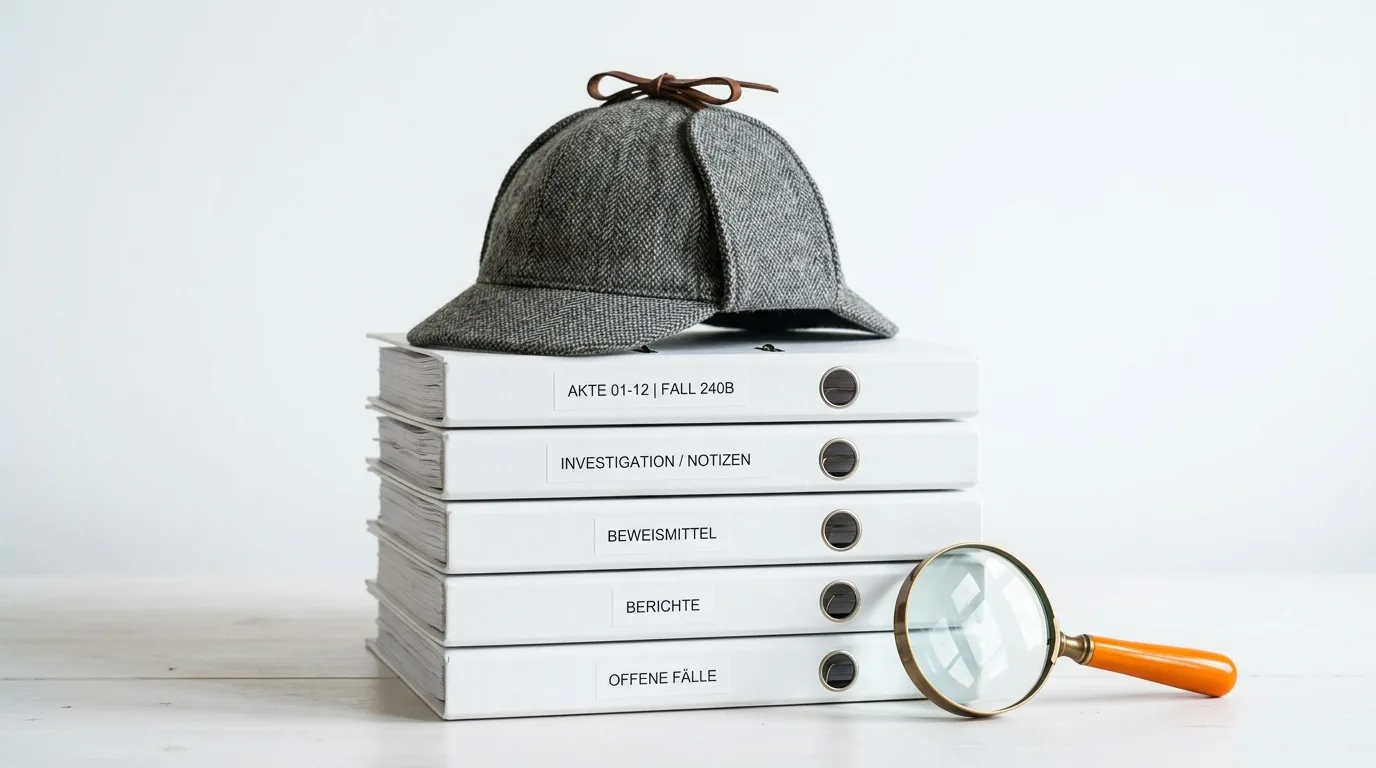 Deerstalker-Mütze auf Ordnerstapel mit Lupen davor