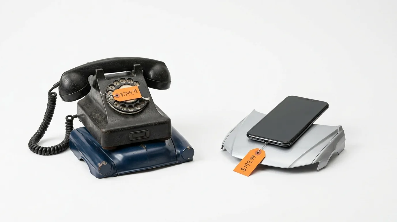 Wählscheibentelefon und Smartphone mit Preisschildern auf Sockeln vor weißem Hintergrund
