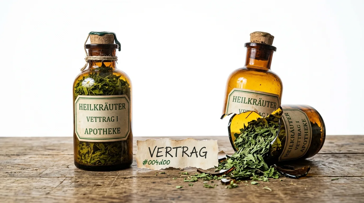 Ein heiles und ein kaputtes Kräuterglas neben zwei Teilen Papier mit Aufschrift „VERTRAG“