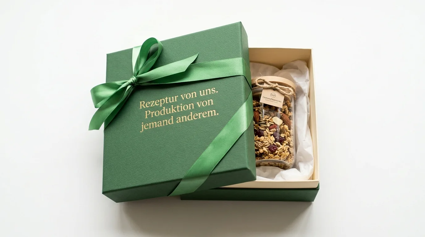 Grüne Geschenkbox mit geprägtem Deckel, Schleife und gefülltem Müsli-Glas in Füllmaterial
