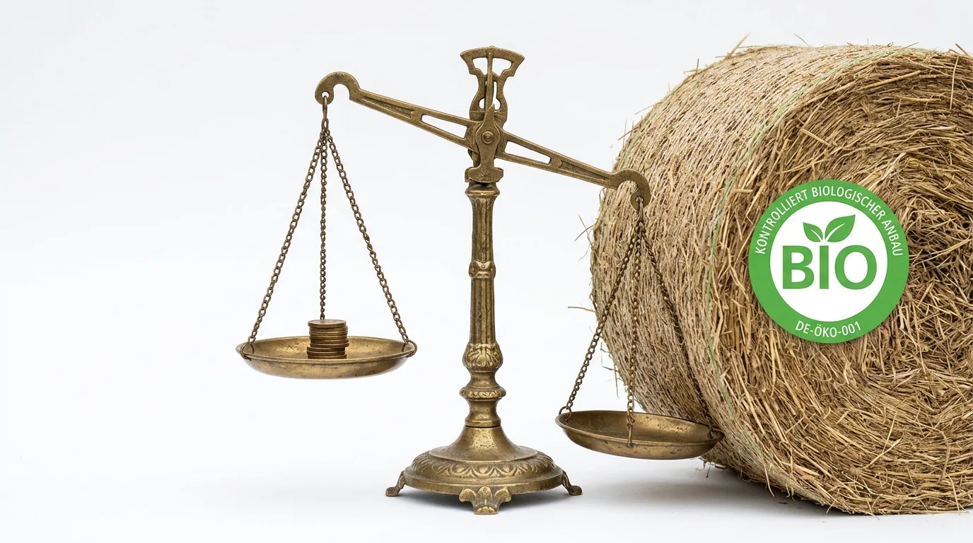 Alte Waage mit Heuballen und Münzen vor weißem Hintergrund. Heuballen hat Bio-Aufkleber