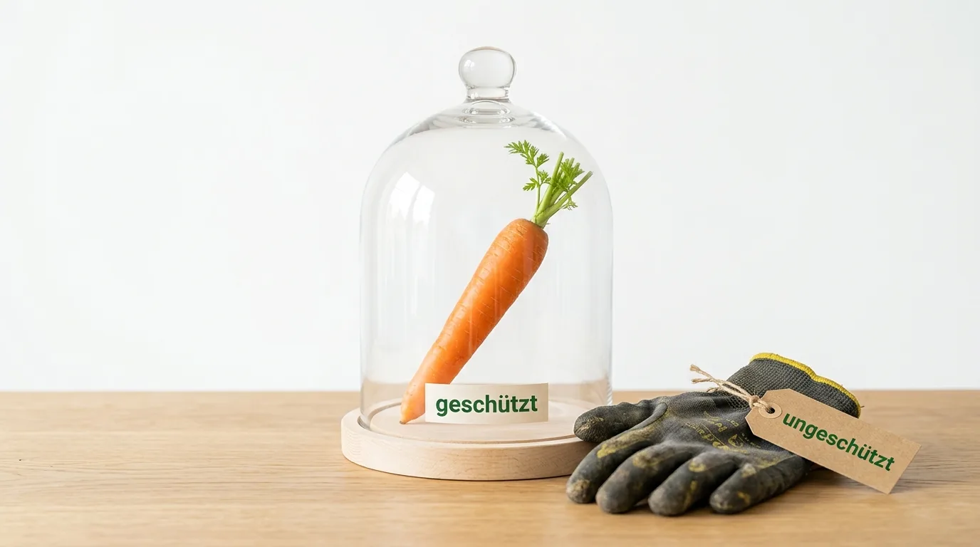 Karotte unter Glasglocke mit Label „geschützt“, daneben Handschuh mit Label „ungeschützt“