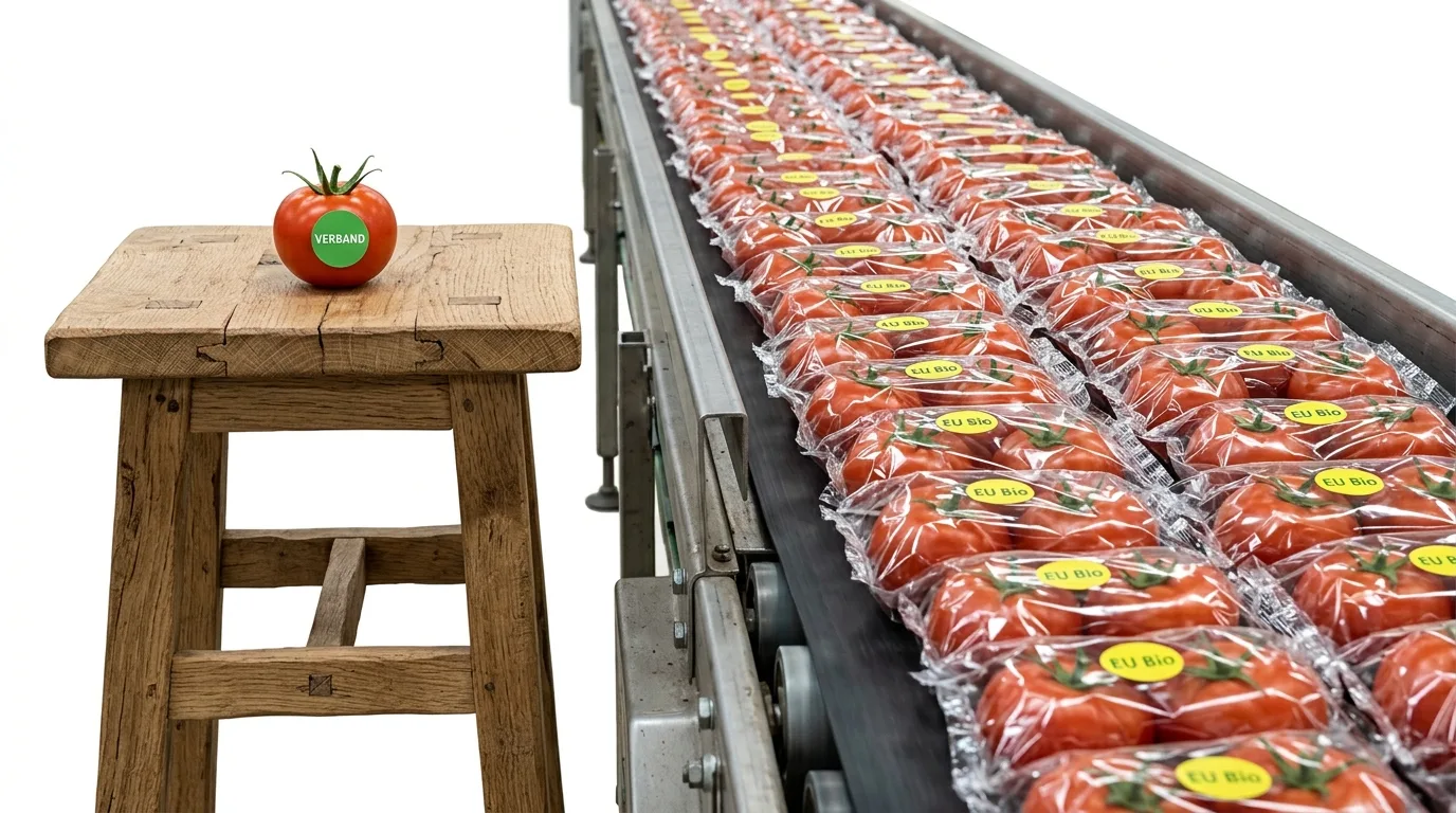 Hocker mit Tomate links, Förderband mit verpackten Tomaten rechts, alles auf Weiß