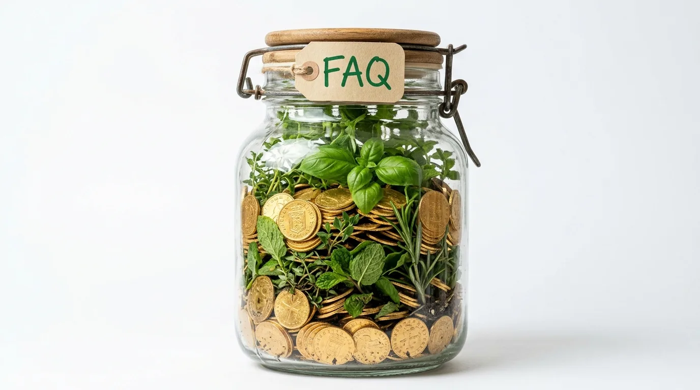 Ein Glasgefäß gefüllt mit Goldmünzen und grünen Kräutern, mit einem „FAQ“-Anhänger