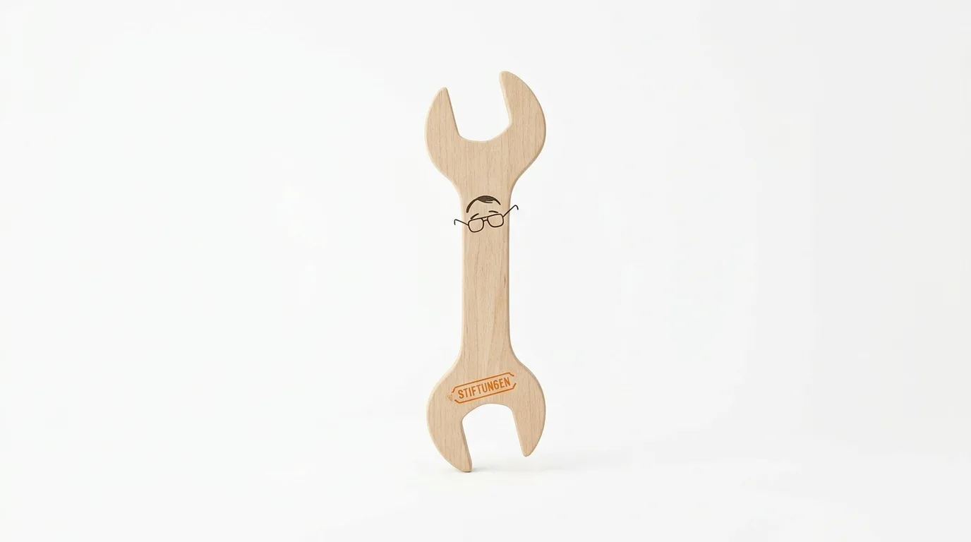 Ein Schraubenschlüssel aus Holz mit Brille und Aufdruck STIFTUNGEN vor weißem Hintergrund