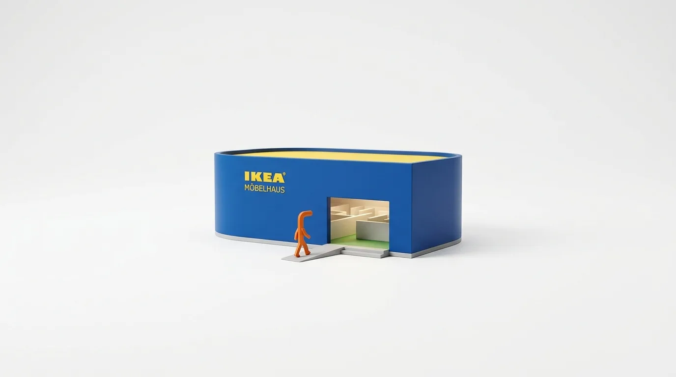 IKEA-Möbelhaus-Modell mit Labyrinth-Innenleben, davor steht eine orangefarbene Inbusschlüssel-Figur