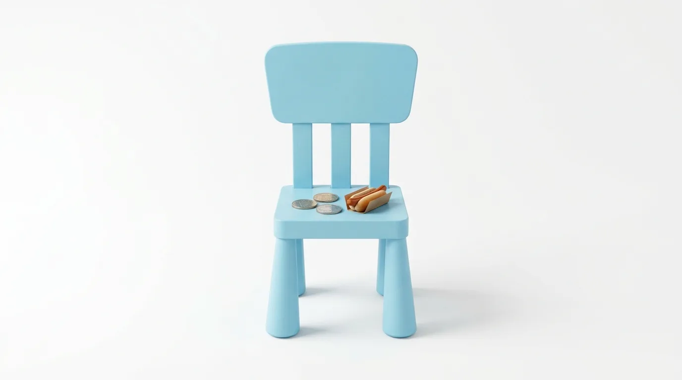 Ein hellblauer Kinderstuhl mit drei Geldmünzen und einem Hotdog auf der Sitzfläche