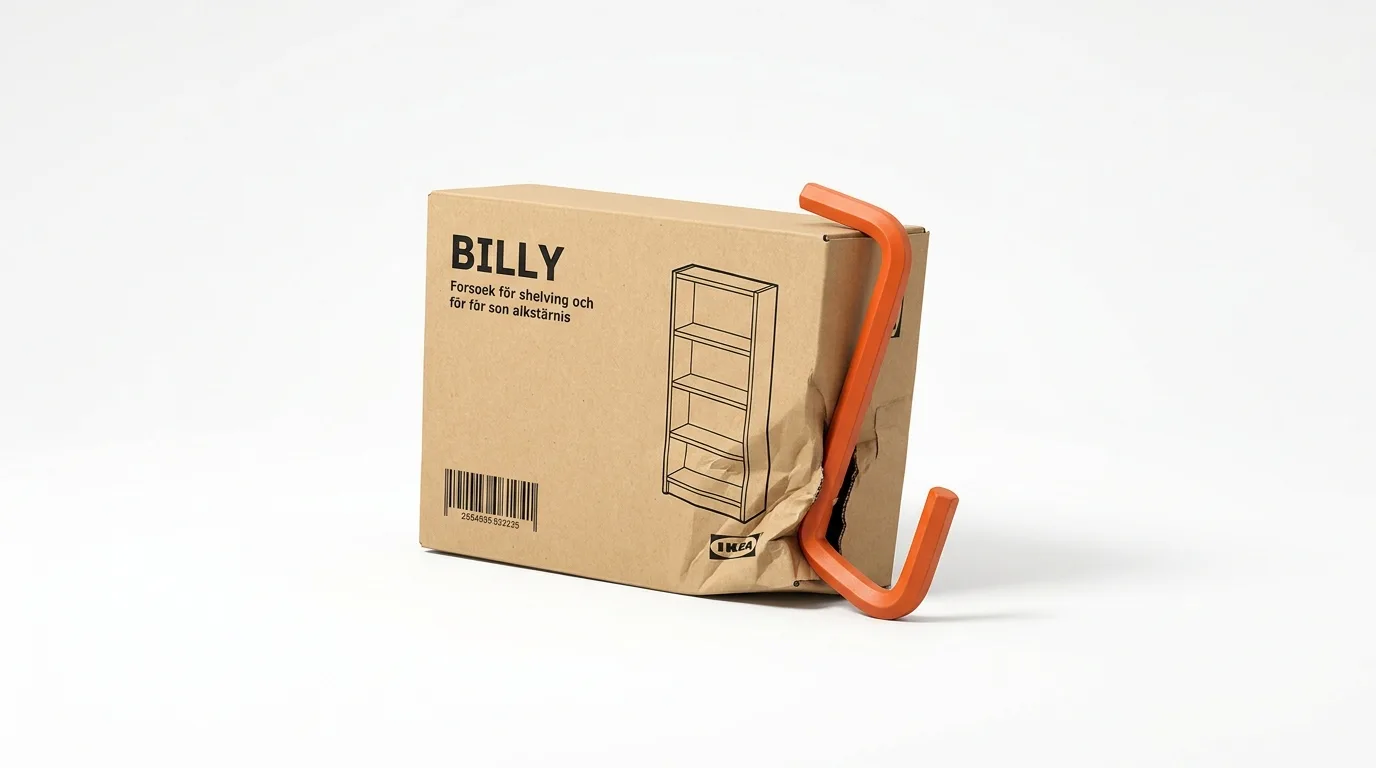 Eine beschädigte IKEA BILLY Schachtel und ein großer oranger Inbusschlüssel davor auf Weiß