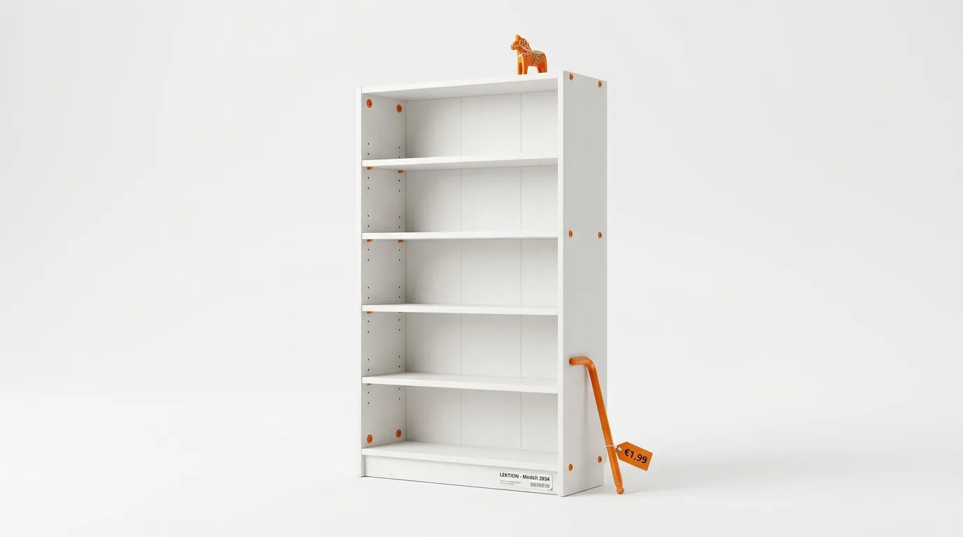 Weißes Regal mit Dala-Pferd oben und orangefarbenem Inbusschlüssel mit Preisschild