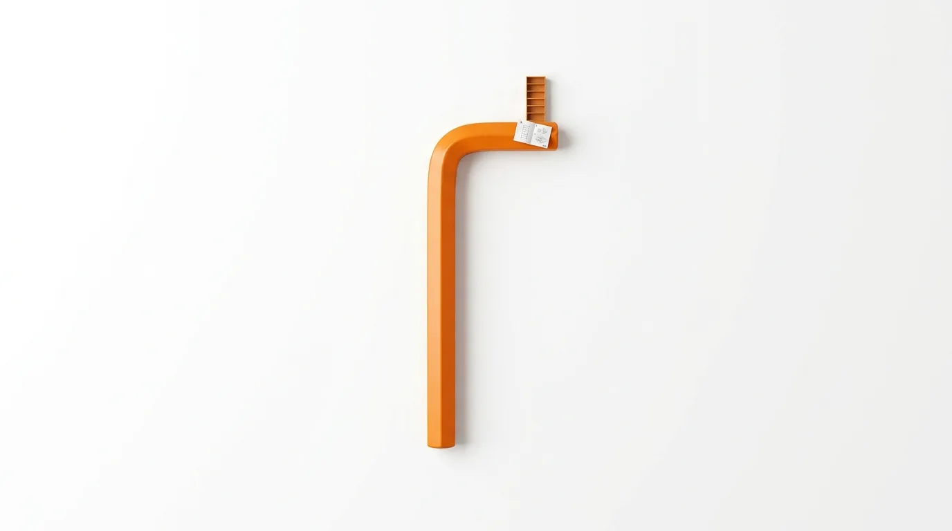 L-förmiges orangefarbenes Röhrenteil, Zettel mit Diagramm, braune Streifen, weißer Grund