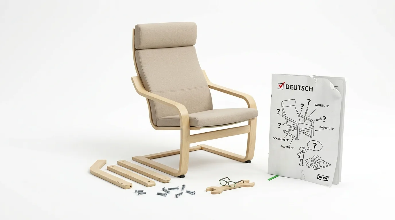 Zusammengebauter Sessel, Einzelteile, Brille und verwirrende Anleitung auf weißem Grund
