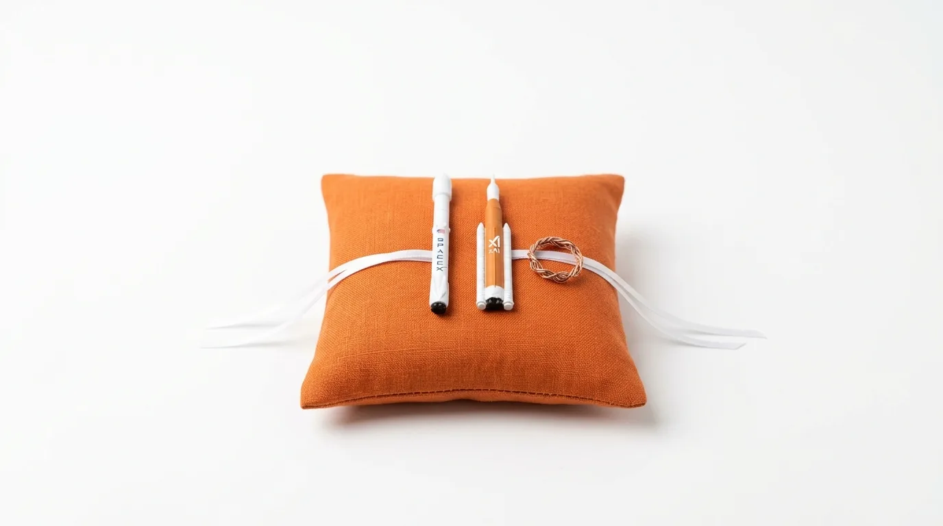 Zwei Modellraketen und ein geflochtener Ring liegen auf einem orangen Kissen