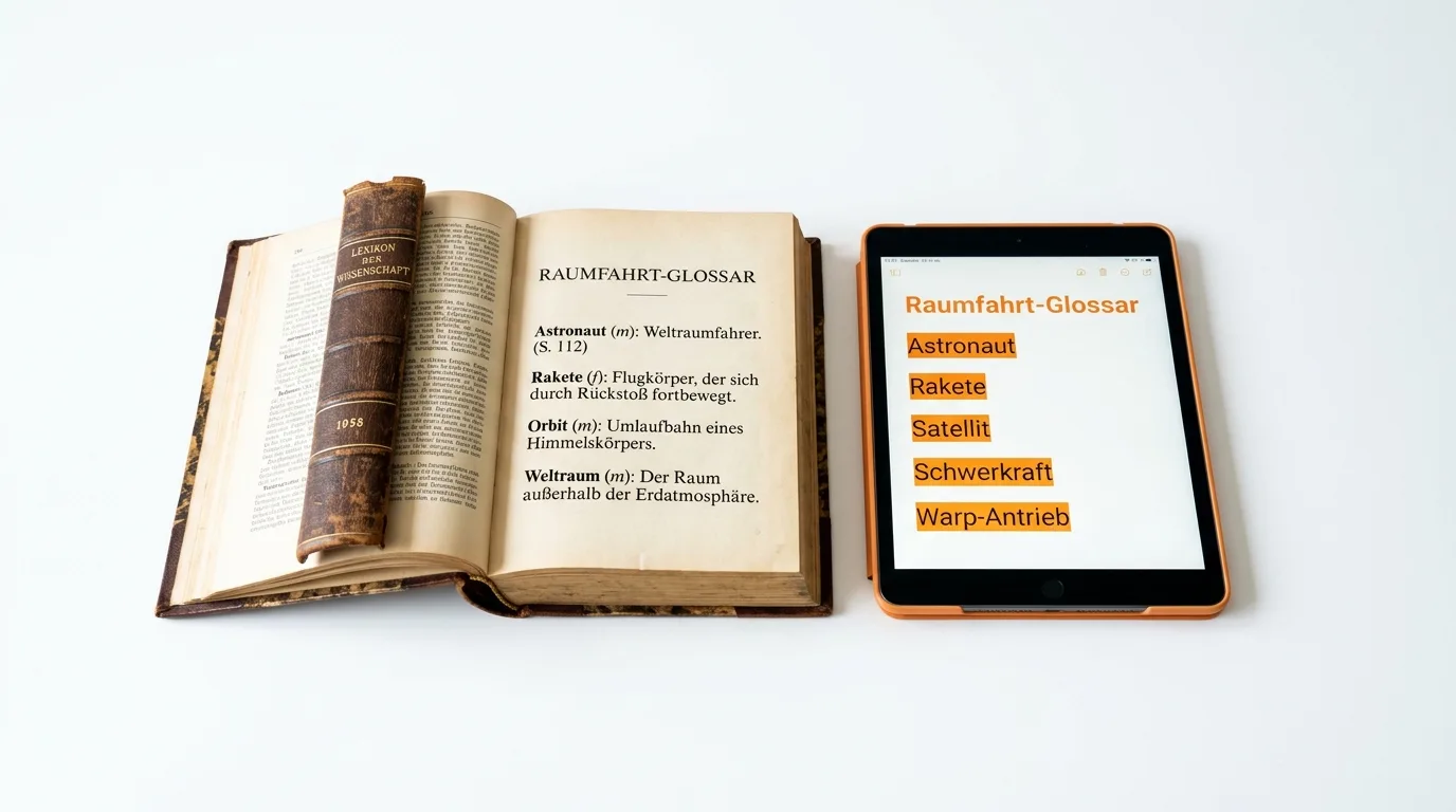 Altes Buch und Tablet mit „Raumfahrt-Glossar“ nebeneinander auf weißem Hintergrund