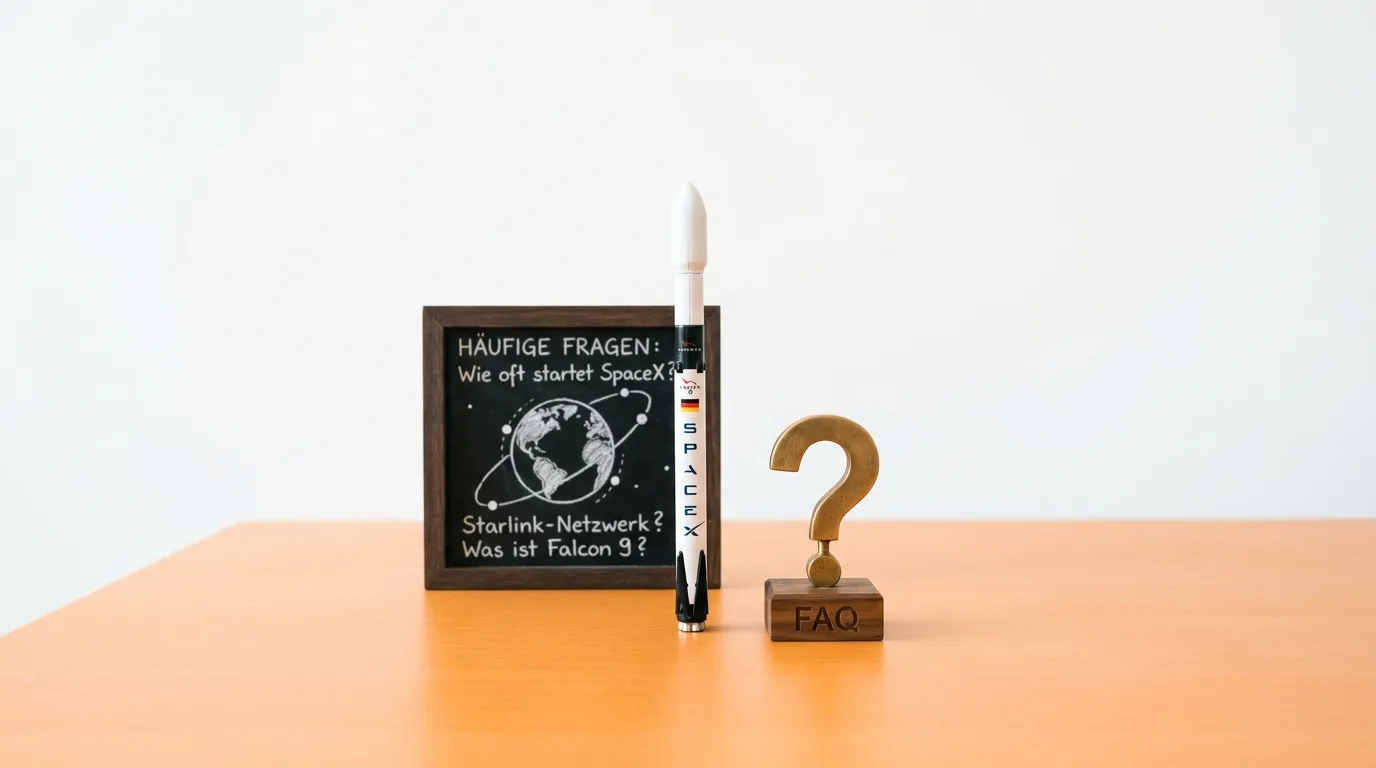 Tisch mit Tafel (Häufige Fragen: SpaceX), Modellrakete und Fragezeichen-Aufsteller mit FAQ