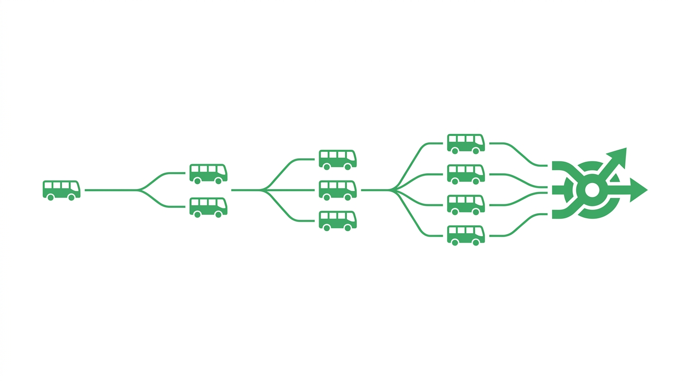 Grünes Diagramm mit wachsender Busflotte und Kreisverkehrausgang auf Weiß