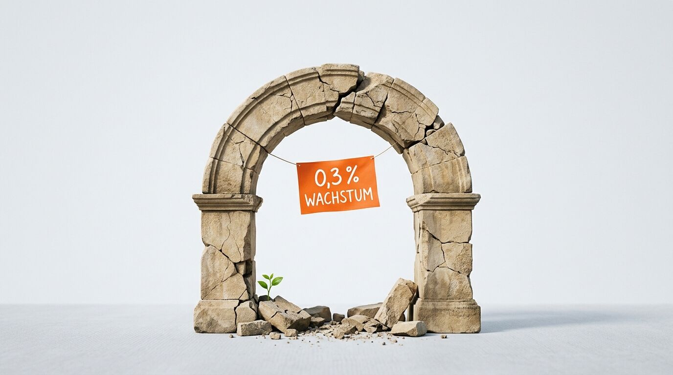 Zerrissener Steinbogen mit Schild „0,3% WACHSTUM“ und kleinem Pflänzchen