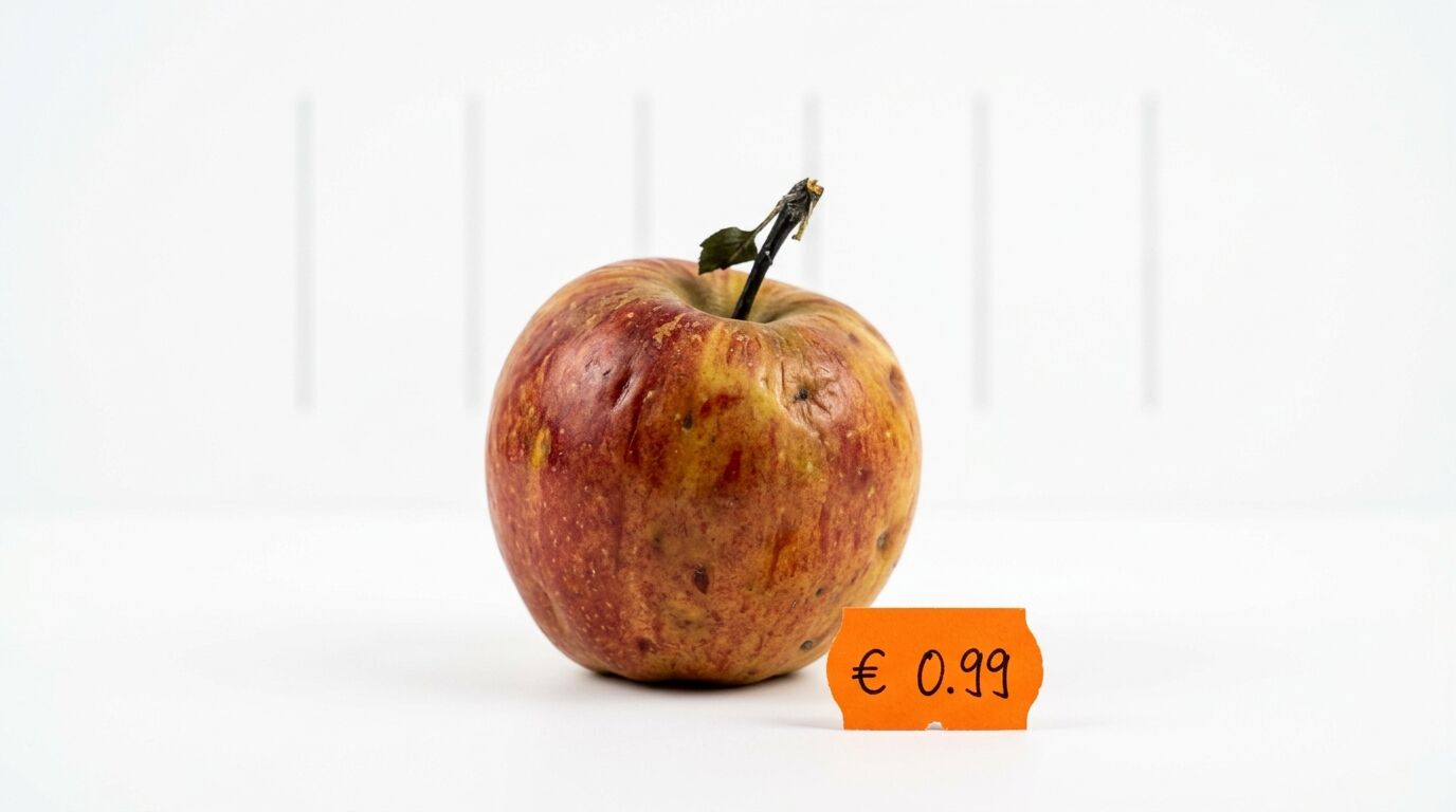 Ein welker, rot-gelber Apfel neben einem orangen Preisschild (€ 0.99) vor weißem Hintergrund