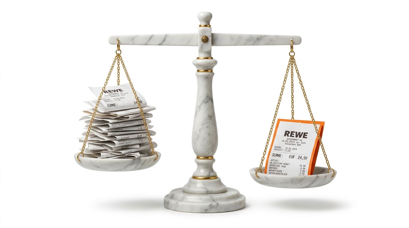 Marmorwaage mit Stapel Bons links und einem wertgleichen REWE-Bon rechts