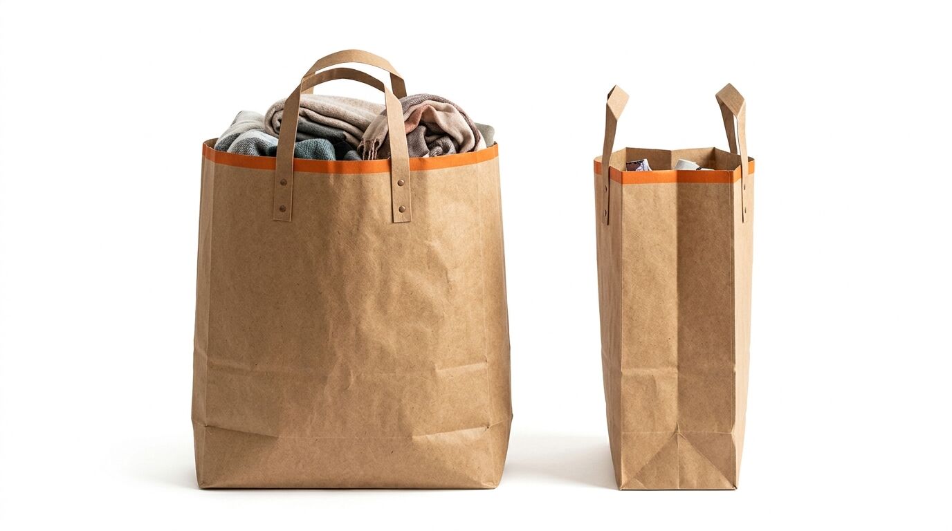 Zwei braune Papiertragetaschen unterschiedlicher Größe mit orangefarbenem Rand auf weißem Grund