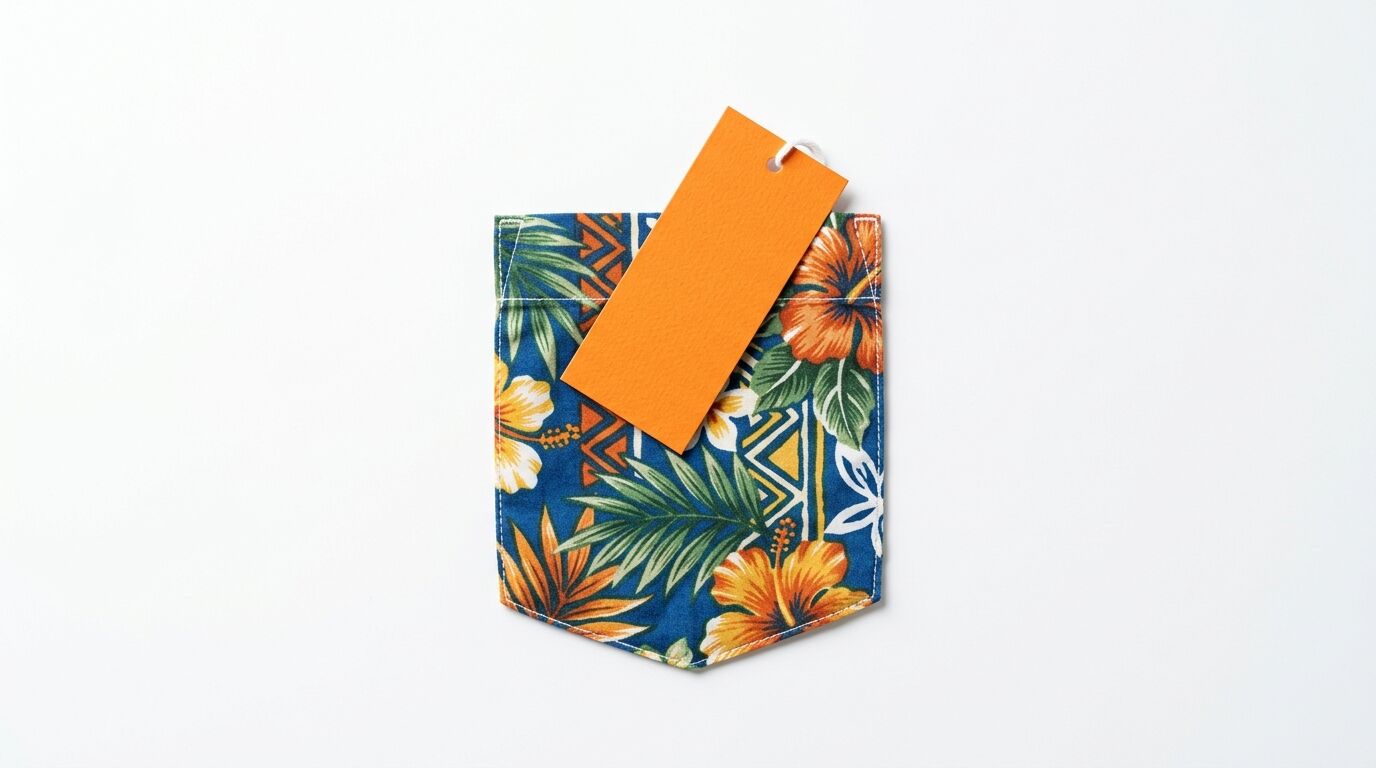 Hemdtasche mit Tropenmuster, darüber ein blanko orangefarbener Anhänger vor weißem Hintergrund