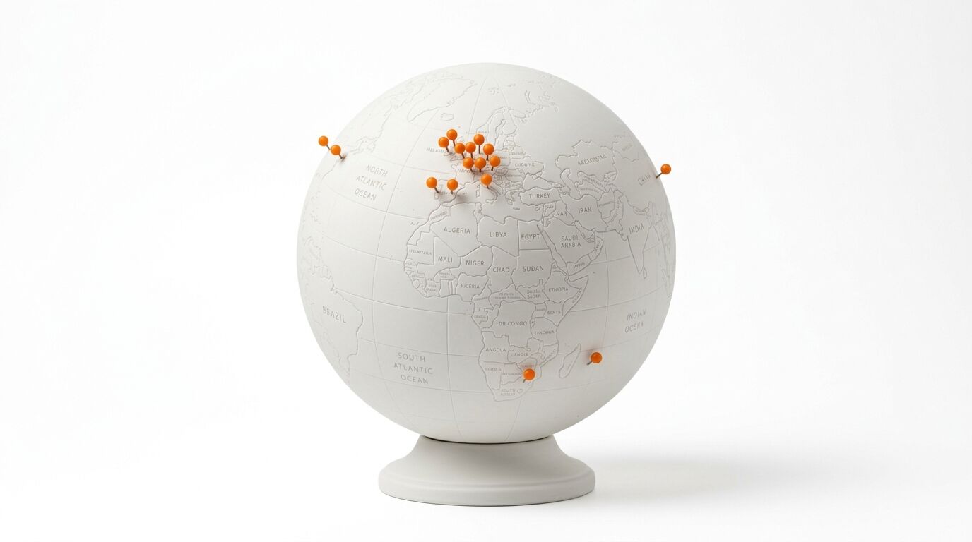 Ein weißer Globus auf weißem Standfuß mit orangen Pinnadeln vor weißem Hintergrund