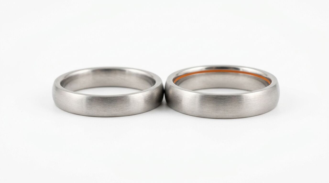 Zwei matte Metallringe, einer rechts mit orangefarbenem Innenring, auf weißem Grund