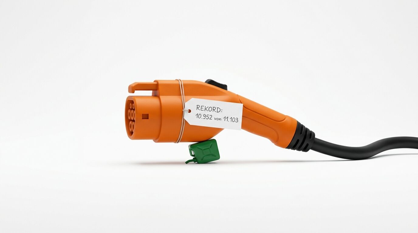 Oranger Typ-2-Ladestecker mit schwarzem Kabel, kleinem grünem Benzinkanister und einem Anhänger